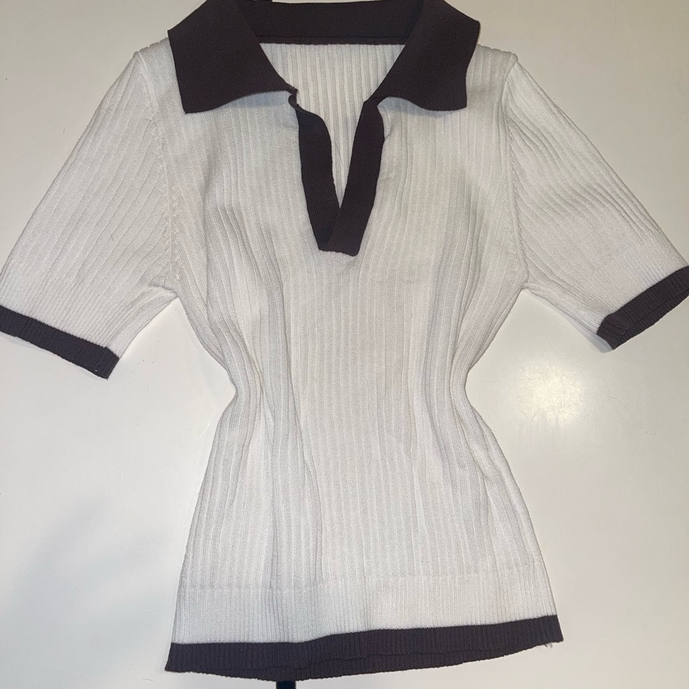 White Ribbed Polo Top with Brown Trim